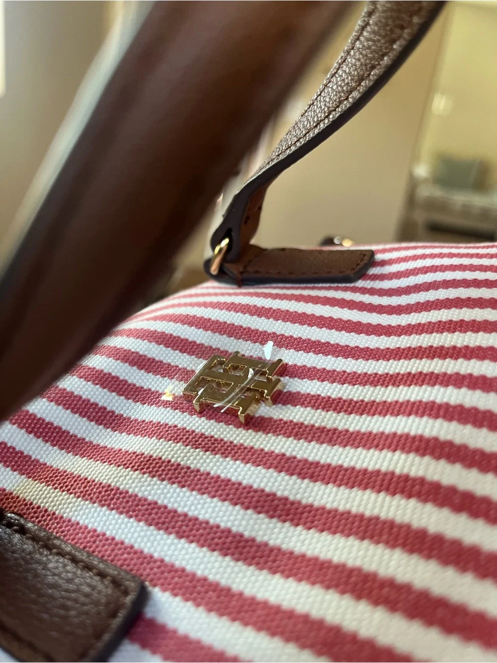 Tommy Hilfiger Red & White Striped Satchel with Brown Trim